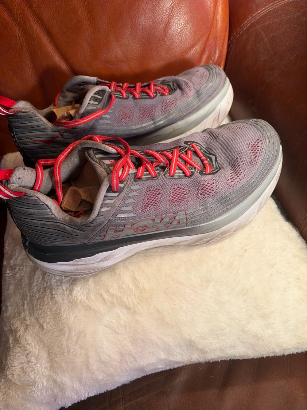 Hoka Men's Athletic Shoes in Gray with Red Accents